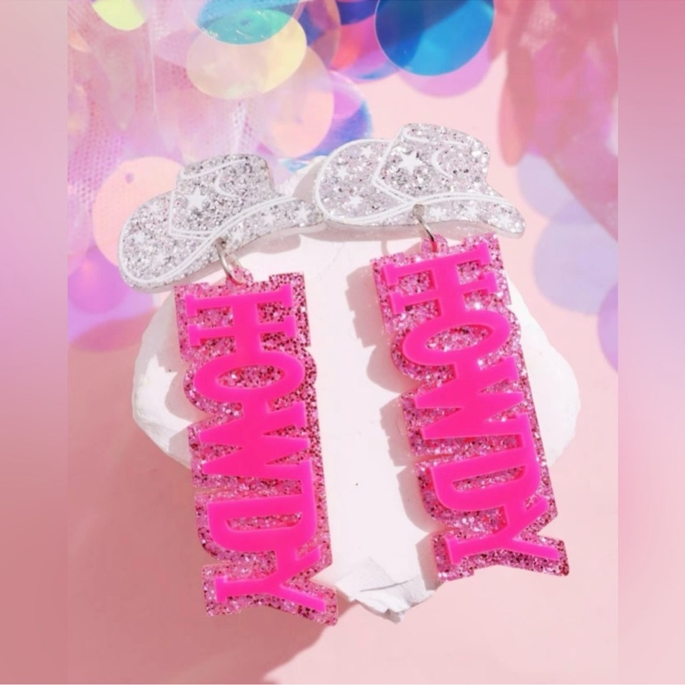 Pink Glitter 'Howdy' Earrings